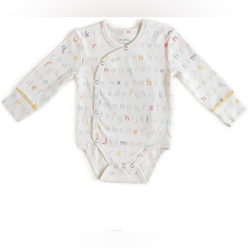 Pehr Kimono Style ABC Print Long Sleeve Bodysuit Soft Cotton One Piece